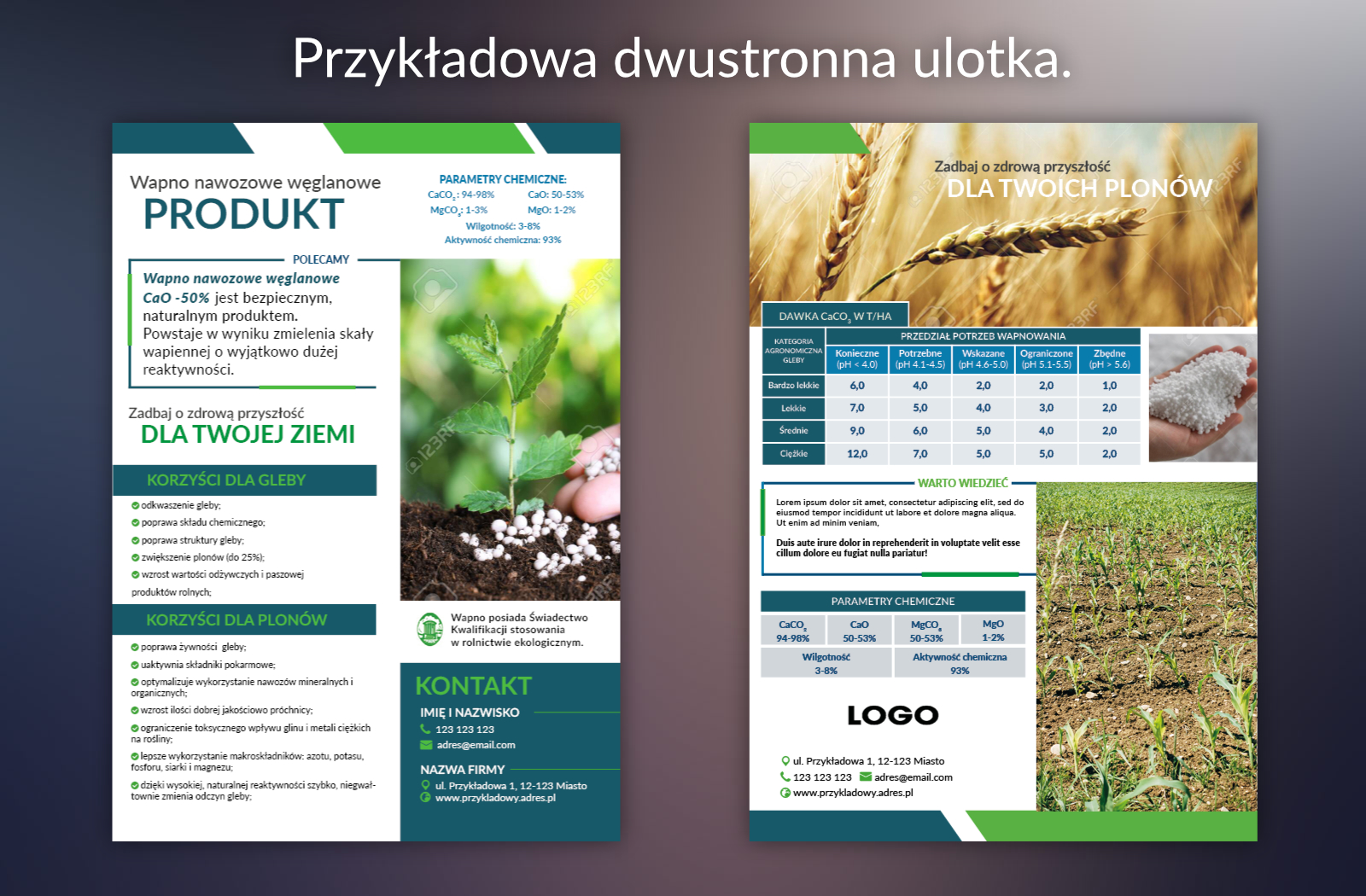 Przykładowy projekt ulotki nt. produktu. (Wykonano w Adobe inDesign)